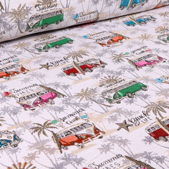 Tissu Jacquard Combi Volkswagen Malibu sur fond Blanc - Par 10 cm