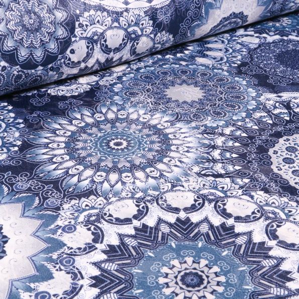 Tissu Jacquard damassé Mandala sur fond Bleu - Par 10 cm