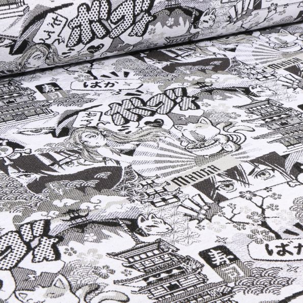Tissu Jacquard Manga noir et blanc sur fond Blanc - Par 10 cm