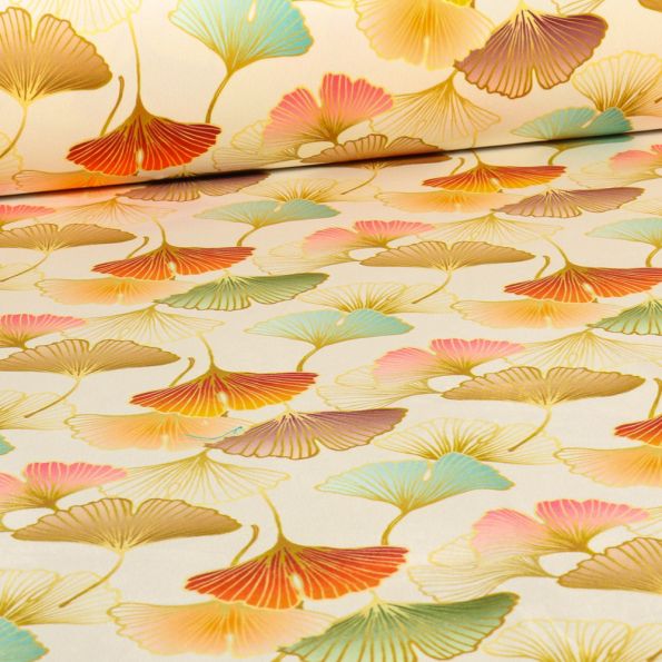 Tissu Velours ras épais tout doux Mantra sur fond Blanc cassé - Par 10 cm