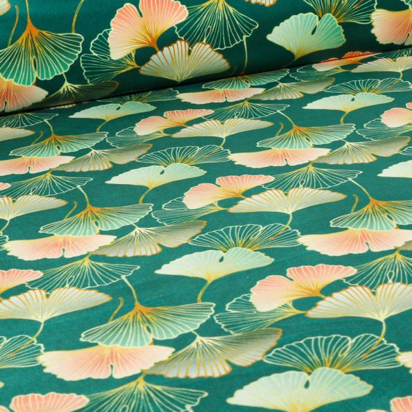 Tissu Velours ras épais tout doux Mantra sur fond Vert émeraude - Par 10 cm