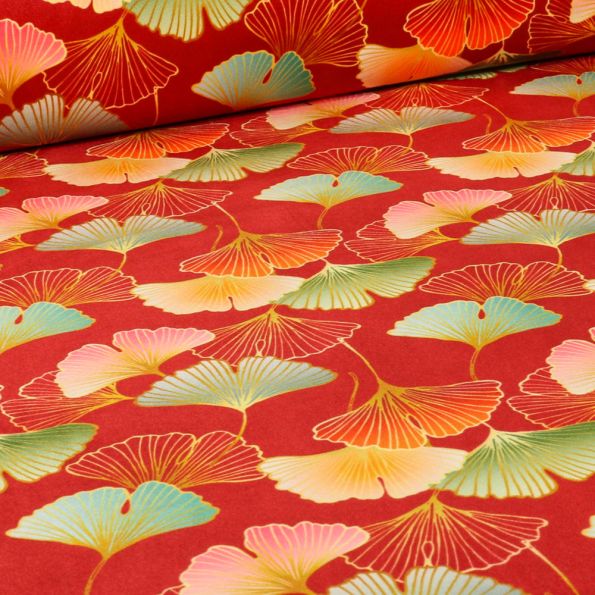 Tissu Velours ras épais tout doux Mantra sur fond Rouge - Par 10 cm