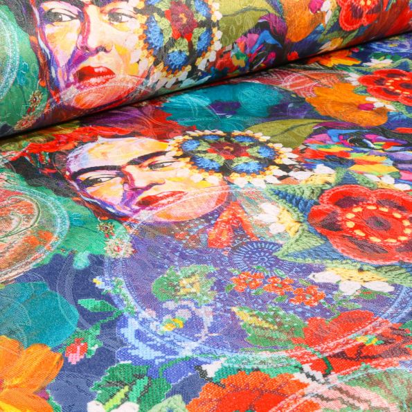 Tissu Jacquard damassé Frida Kahlo sur fond Multicolore - Par 10 cm
