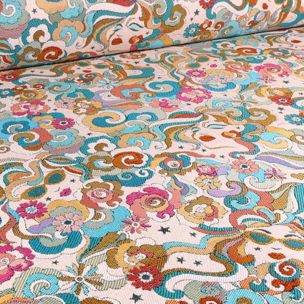 Tissu Jacquard Marylou émeraude sur fond Ecru - Par 10 cm