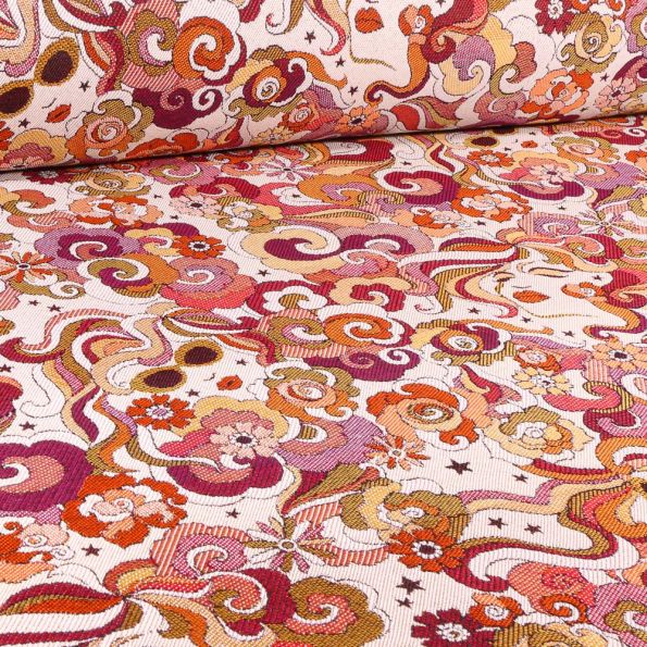 Tissu Jacquard Marylou rose sur fond Ecru - Par 10 cm