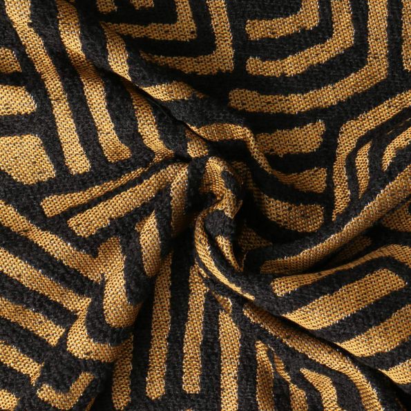 Tissu Jacquard Linaé motifs ethniques Dorés sur fond Noir profond - Par 10 cm