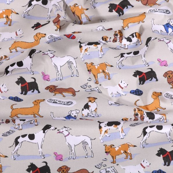 Tissu Coton imprimé Arty Doggy's sur fond Gris clair - Par 10 cm