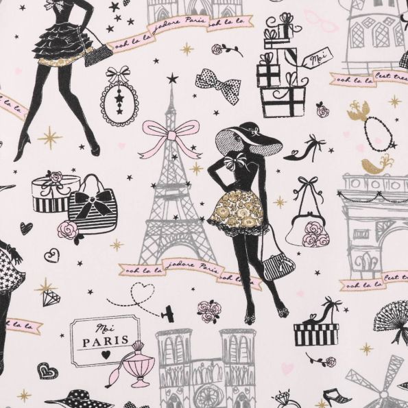 Coupon Tissu Coton Enduit Moi Paris Noir, doré et rose sur fond Ecru - Coupon de 20 cm