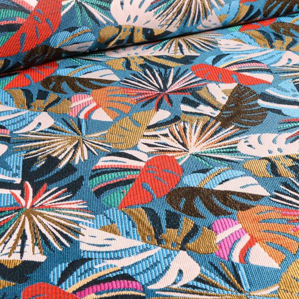 Tissu Jacquard Monstera sur fond Bleu turquoise - Par 10 cm