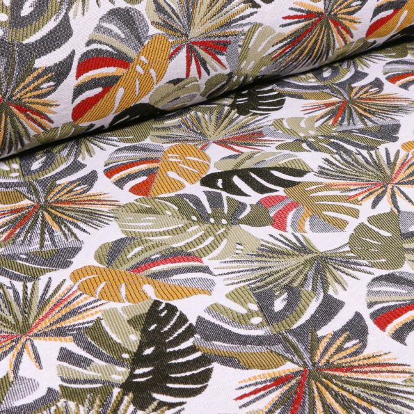 Tissu Jacquard Monstera sur fond Blanc cassé - Par 10 cm