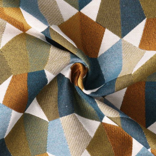 Tissu Jacquard Mustang motif géométrique Bleu sur fond Vert kaki - Par 10 cm
