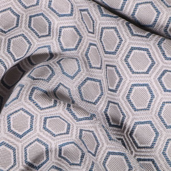 Tissu Toile jacquard Hexagone marine sur fond Gris - Par 10 cm