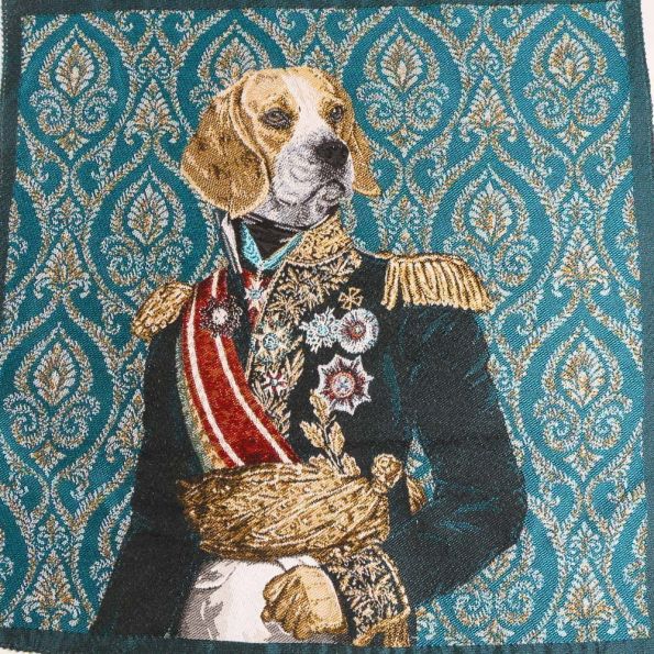 Panneau carré jacquard 48x48cm Chien Maréchal sur fond Bleu canard