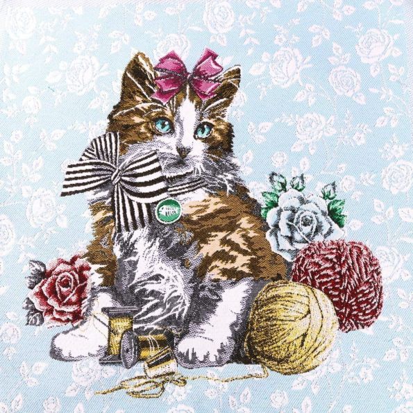 Panneau carré jacquard 48x48cm Chat sur fond Bleu ciel