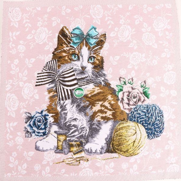 Panneau carré jacquard 48x48cm Chat sur fond Rose