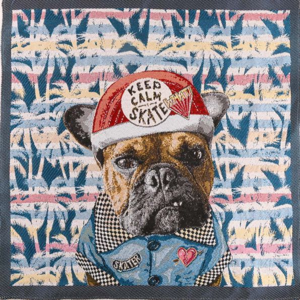 Panneau carré jacquard 48x48cm Chien skateur sur fond Bleu