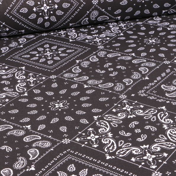Tissu Coton imprimé Arty Paisley sur fond Noir - Par 10 cm
