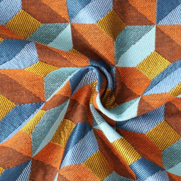 Tissu Jacquard Paola cubes Oranges sur fond Bleu - Par 10 cm