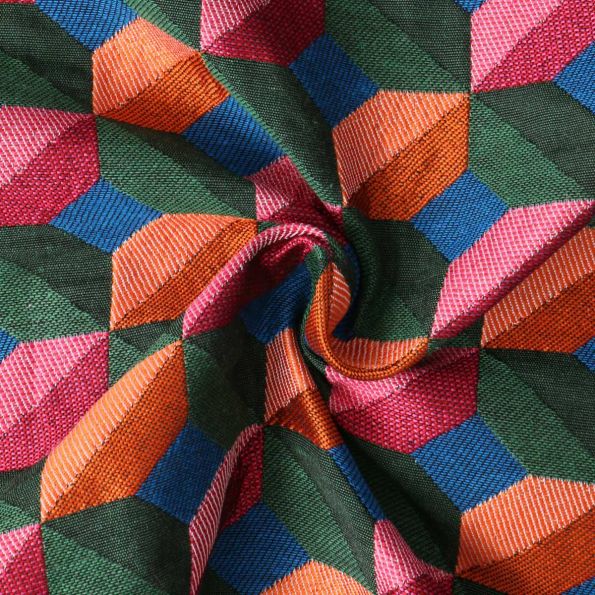 Tissu Jacquard Paola cubes Verts sur fond Rose fuchsia - Par 10 cm