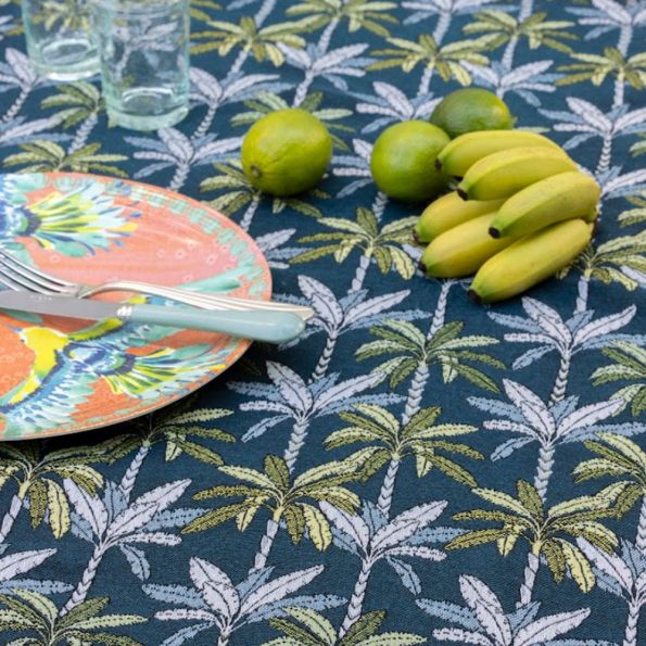 Tissu Jacquard Palmiers sur fond Bleu pétrole - Par 10 cm