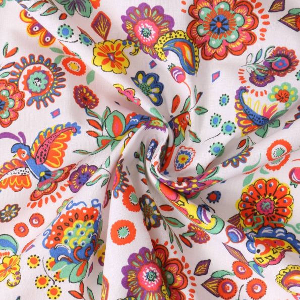 Tissu Popeline de Coton  Paréo fleurs multicolores sur fond Blanc - Par 10 cm