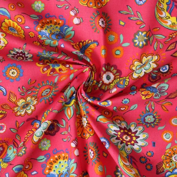 Tissu Popeline de Coton  Paréo fleurs multicolores sur fond Rose fuchsia - Par 10 cm