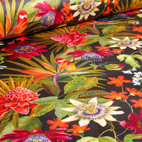 Tissu Velours d'ameublement tout doux Passiflore sur fond Noir - Par 10 cm