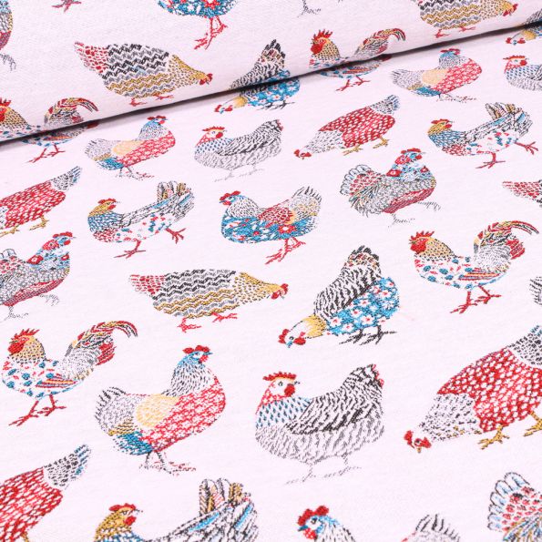 Tissu Jacquard Poulettes sur fond Blanc - Par 10 cm