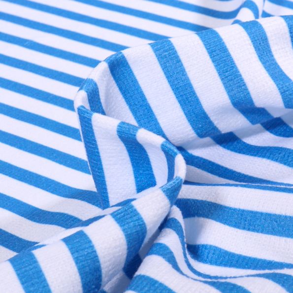 Tissu Eponge Bambou Pilat rayé Bleu sur fond Blanc - Par 10 cm