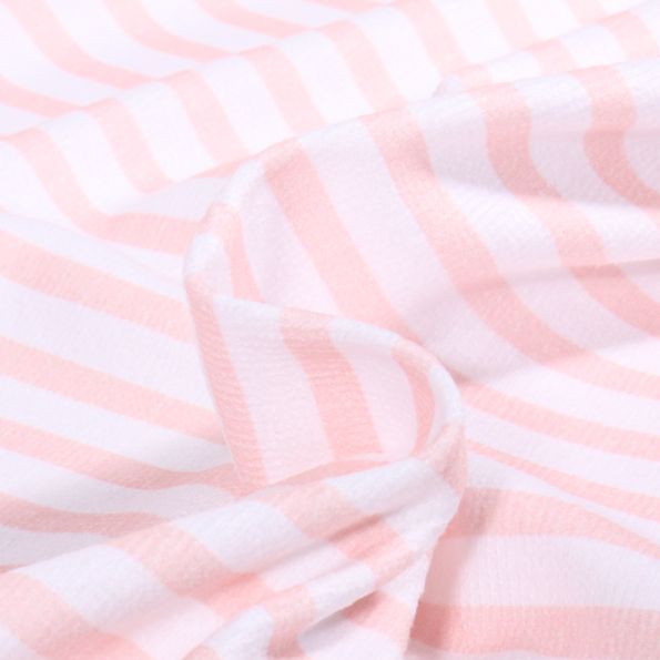 Tissu Eponge Bambou Pilat rayé Rose bébé sur fond Blanc - Par 10 cm
