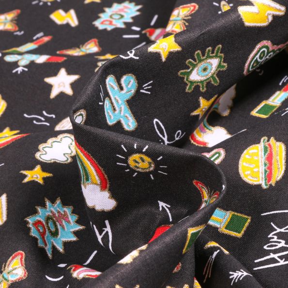 Tissu Coton imprimé Arty Pins sur fond Noir - Par 10 cm