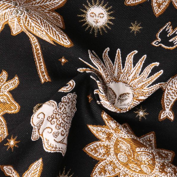 Tissu Jacquard Pygmalion motif mystique Doré sur fond Noir - Par 10 cm