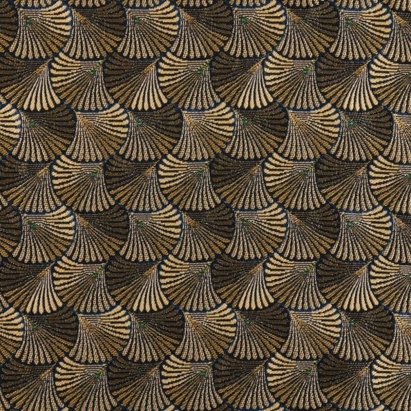 Tissu Jacquard Feuilles de Ginko ocre sur fond Bleu pétrole - Par 10 cm