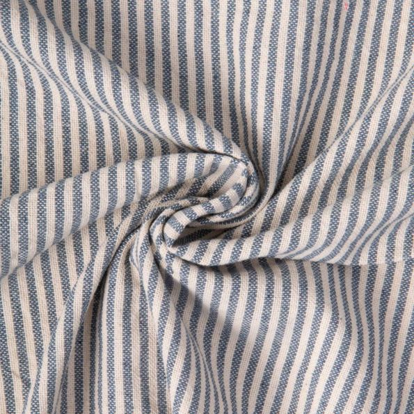 Tissu Coton d'ameublement Simone rayé Bleu denim sur fond Blanc cassé - Par 10 cm