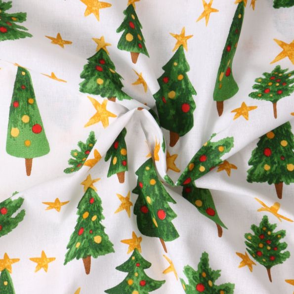 Tissu Popeline de Coton  Solveig sapins Verts sur fond Blanc - Par 10 cm