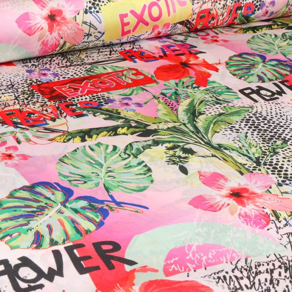 Tissu Satin imprimé South beach sur fond Multicolore - Par 10 cm