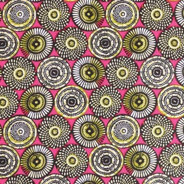 Tissu Coton Imprimé Arty Cercles Blancs, moutarde et noirs sur fond Rose - Par 10 cm