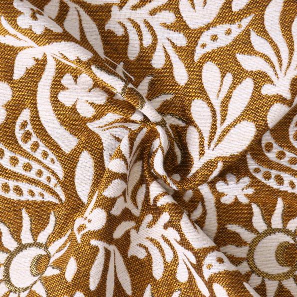 Tissu Jacquard Sunli motif floral Blanc sur fond Jaune moutarde - Par 10 cm