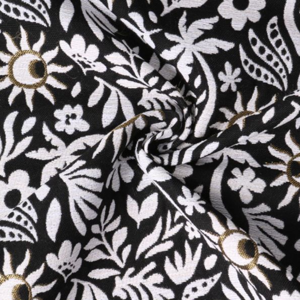 Tissu Jacquard Sunli motif floral Blanc sur fond Noir profond - Par 10 cm