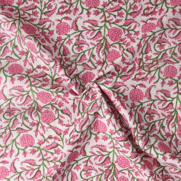 Tissu Voile de Coton Taj Mahal fleurs Roses sur fond Blanc - Par 10 cm