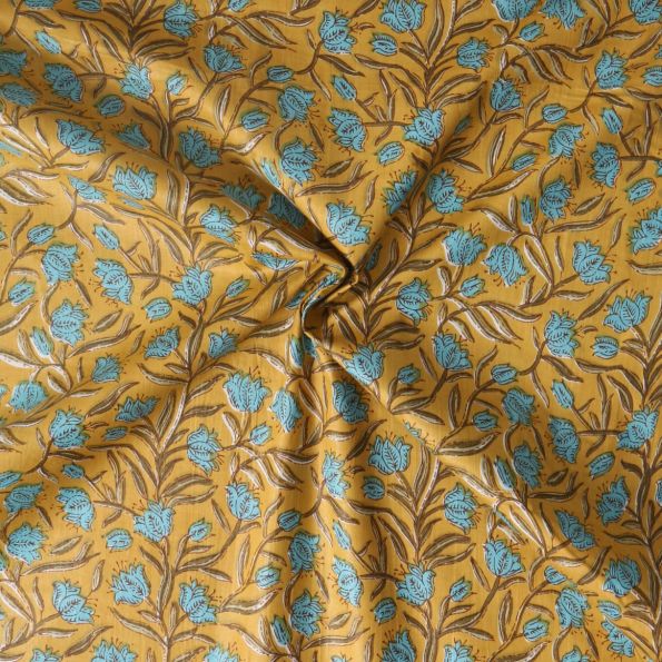 Tissu Voile de Coton Taj Mahal fleurs Bleues sur fond Jaune moutarde - Par 10 cm