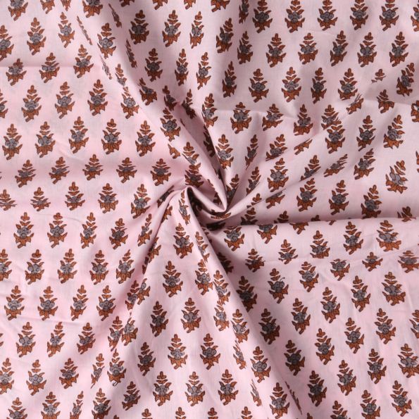 Tissu Voile de Coton Taj Mahal fleurs Terracota sur fond Rose blush - Par 10 cm