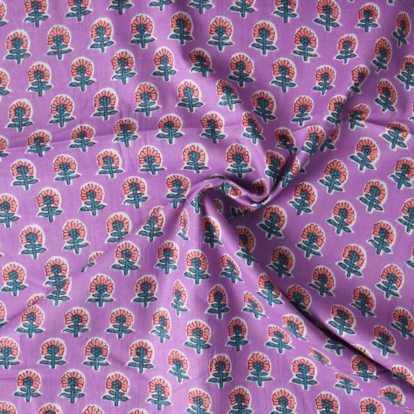 Tissu Voile de Coton Taj Mahal fleurs Oranges sur fond Violet - Par 10 cm