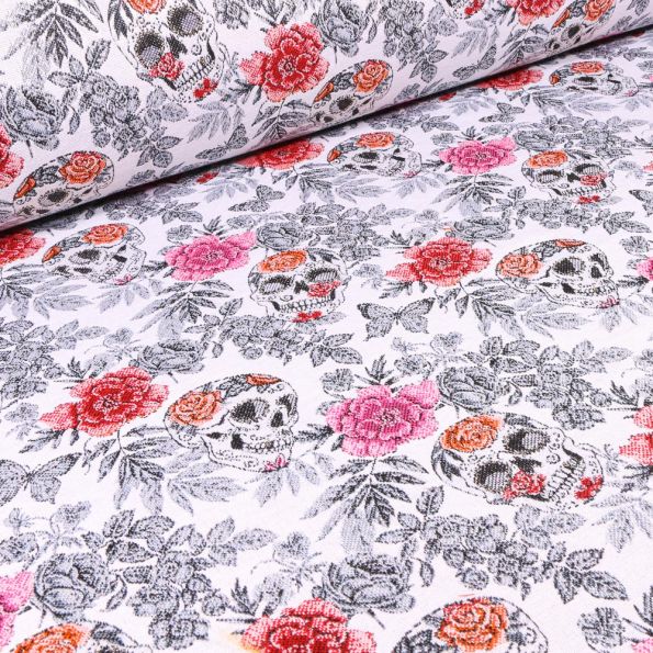 Tissu Jacquard Vanite sur fond Blanc - Par 10 cm