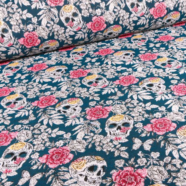 Tissu Jacquard Vanite Têtes de mort sur fond Bleu pétrole - Par 10 cm