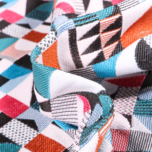 Tissu Jacquard Walter Motifs géométriques sur fond Bleu paon - Par 10 cm