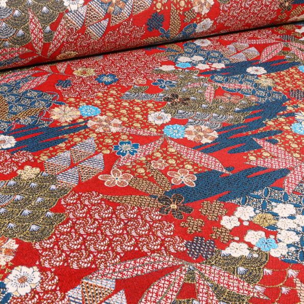 Tissu Jacquard Yang sur fond Rouge - Par 10 cm