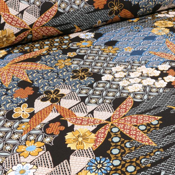 Tissu Viscose Arty Yin sur fond Noir - Par 10 cm