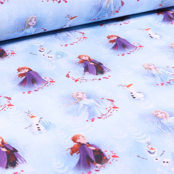 Tissu Disney Anna Elsa et Olaf sur fond Bleu ciel - Par 10 cm