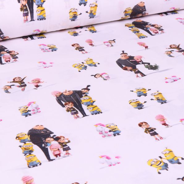 Tissu Minions Family sur fond Blanc - Par 10 cm